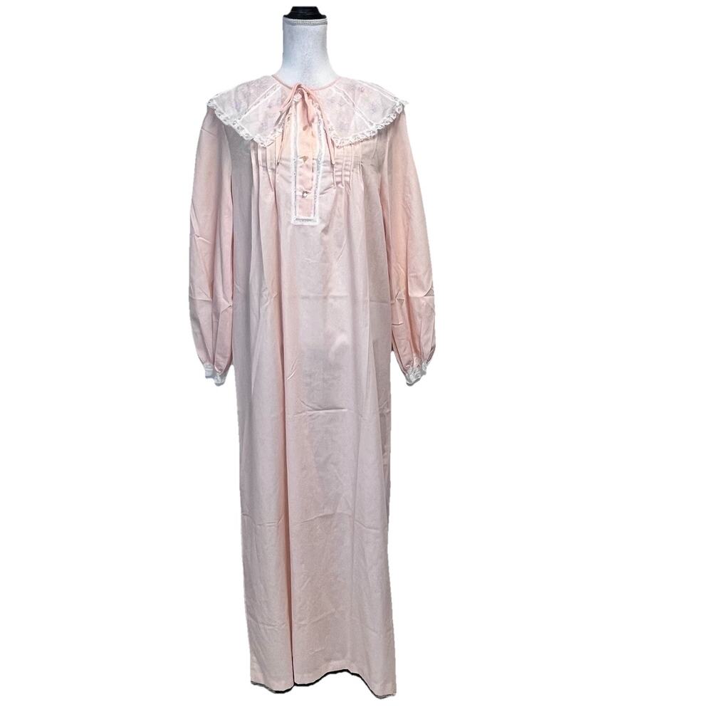 Vintage Windy Rose Nightgown sz Large Pink Collar Lace Embroidery Laura Ingalls